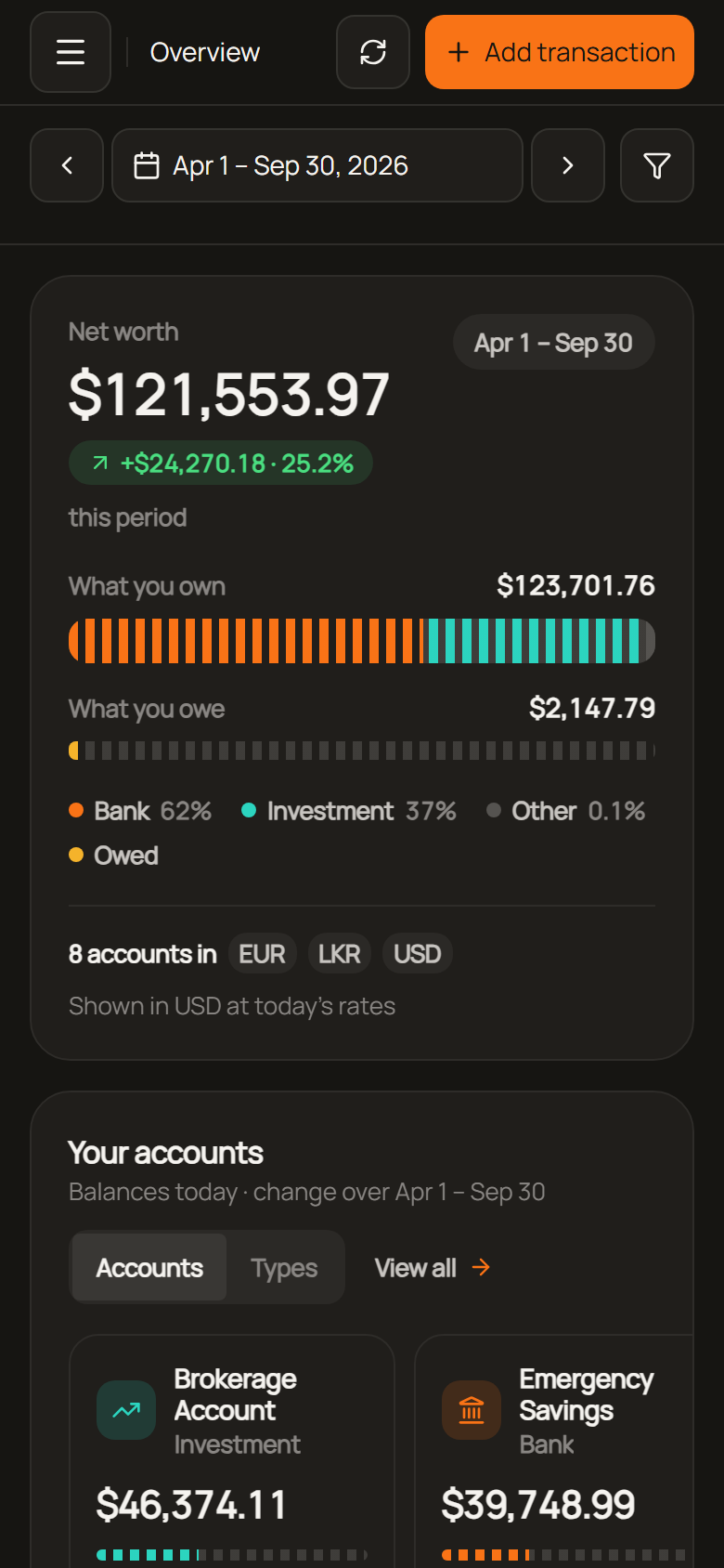 Let's Save Mobile dashboard screen dark mode