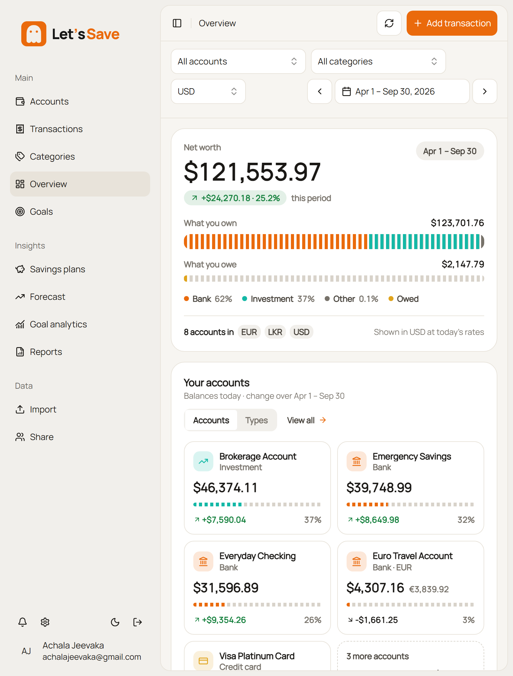 Let's Save Tablet dashboard screen